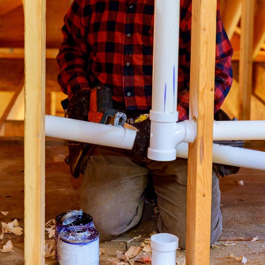 plumber cutting pipes on a wooden frame